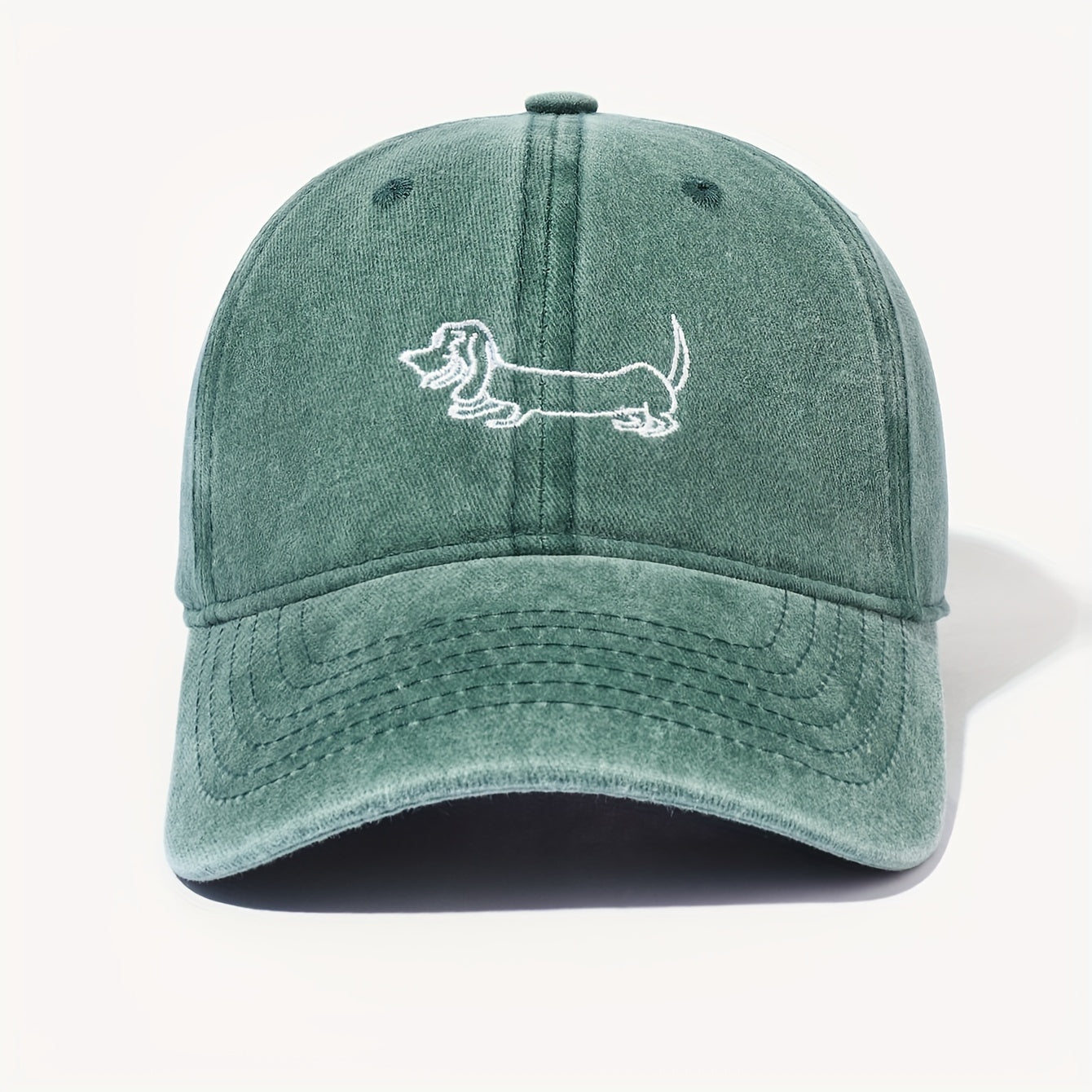 Vintage Washed Cute Dachshund Embroidery- Sun Protection Fabric Baseball Cap with Adjustable Buckle