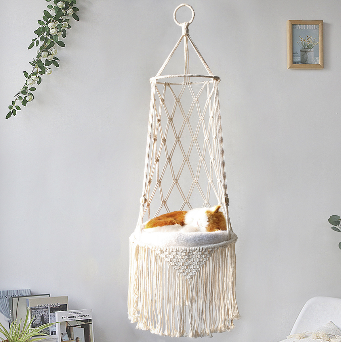 Simple hand woven cat nest hammock basket wall hanging household pet basket dog cat basket swing net pocket