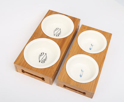 Bamboo Stand- Double Bowl, Ceramic Bowls- Water and Food -Dog Cat Bowl