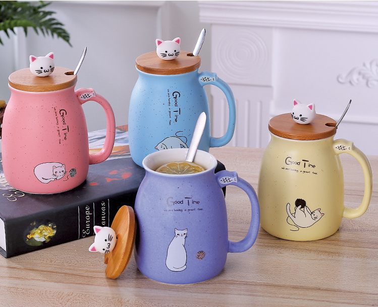 450ml Cartoon Ceramics Cat Mug With Lid and Spoon Coffee Milk Tea Mugs Breakfast Cup Drinkware Novelty Gifts