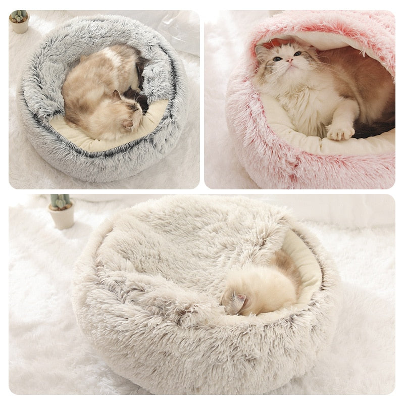 Pet Dog Cat Bed Round Plush Cat Warm Bed House Soft Long Plush Bed For Small Dogs For Cats Nest 2 In 1 Cat Bed