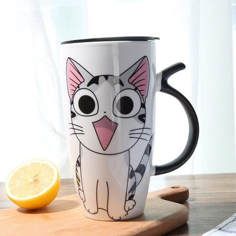 Caneca de café de cerâmica de gato fofo com tampa grande capacidade 600ml canecas de animais criativos copos de chá de café novidade presentes copo de leite