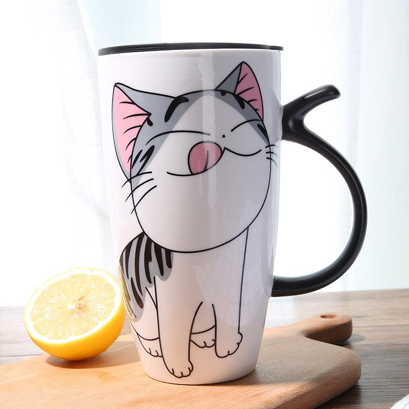 Caneca de café de cerâmica de gato fofo com tampa grande capacidade 600ml canecas de animais criativos copos de chá de café novidade presentes copo de leite