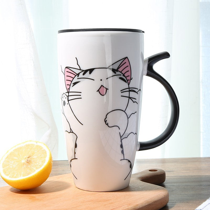 Caneca de café de cerâmica de gato fofo com tampa grande capacidade 600ml canecas de animais criativos copos de chá de café novidade presentes copo de leite