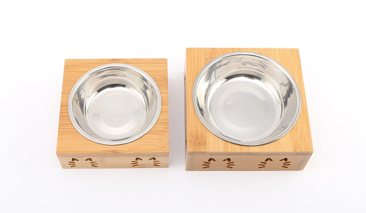 Bamboo Stand- Double Bowl, Ceramic Bowls- Water and Food -Dog Cat Bowl