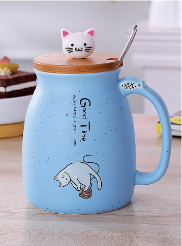 Caneca de cerâmica de desenho animado 450ml, caneca de gato com tampa e colher, café, leite, chá, café da manhã, aparelho de bebidas, novidade, presentes 