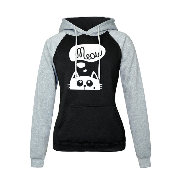 Outono inverno novos hoodies para mulheres moletom kawaii gato miau impressão moda com capuz kpop sweatshirts raglan harajuku hoodie 