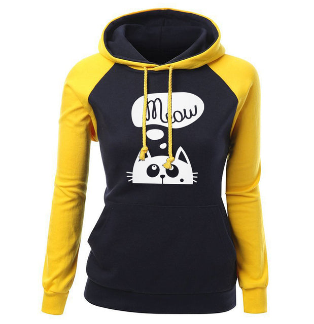 Outono inverno novos hoodies para mulheres moletom kawaii gato miau impressão moda com capuz kpop sweatshirts raglan harajuku hoodie 