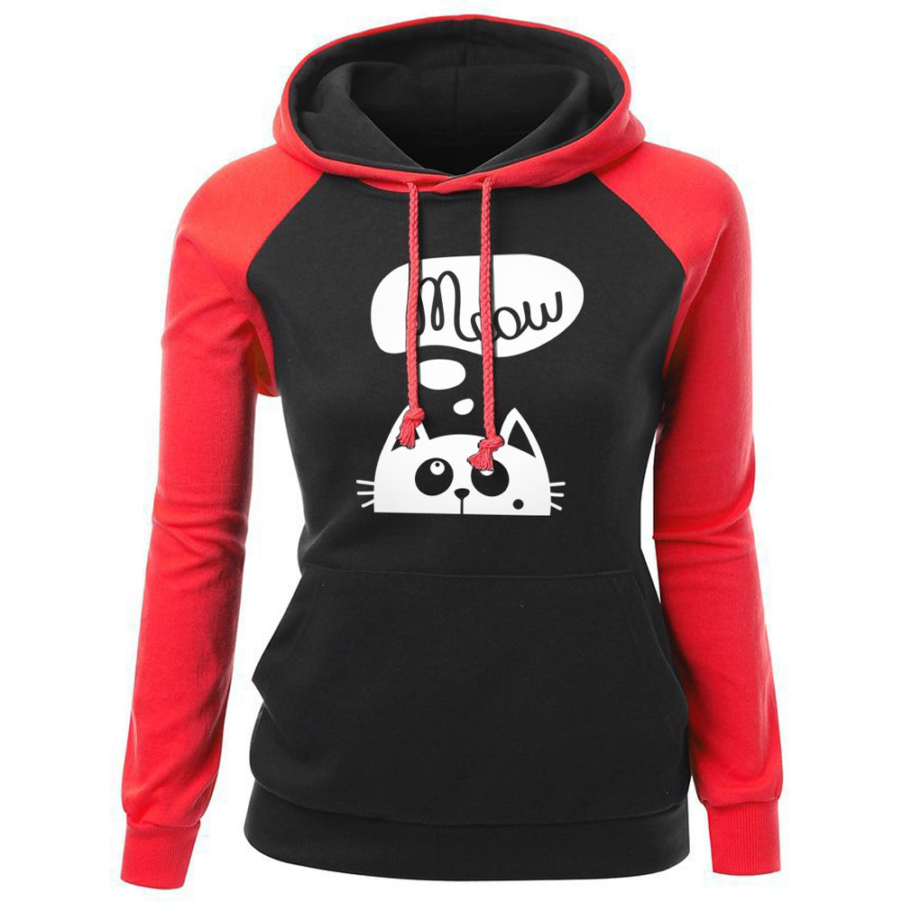 Outono inverno novos hoodies para mulheres moletom kawaii gato miau impressão moda com capuz kpop sweatshirts raglan harajuku hoodie 