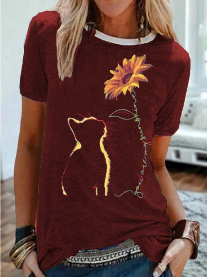 Summer New Cat Sunflower Print Short Sleeve T-Shirt Women- Cotton Blend