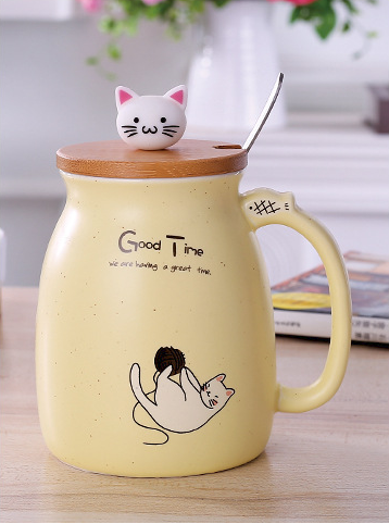 Caneca de cerâmica de desenho animado 450ml, caneca de gato com tampa e colher, café, leite, chá, café da manhã, aparelho de bebidas, novidade, presentes 