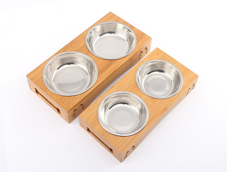 Bamboo Stand- Double Bowl, Ceramic Bowls- Water and Food -Dog Cat Bowl