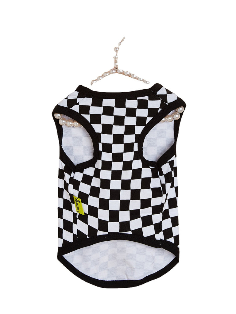 Pet Cat Clothes Summer Breathable Cotton Wool Mosaic Fashion Black And White Plaid Trend Vest T-Shirt