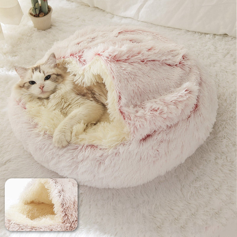 Cama redonda para gatos e cães de estimação, casa de pelúcia quente e macia para cães pequenos e gatos, ninho 2 em 1