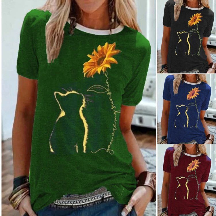 Summer New Cat Sunflower Print Short Sleeve T-Shirt Women- Cotton Blend