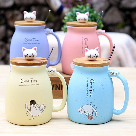 Caneca de cerâmica de desenho animado 450ml, caneca de gato com tampa e colher, café, leite, chá, café da manhã, aparelho de bebidas, novidade, presentes 