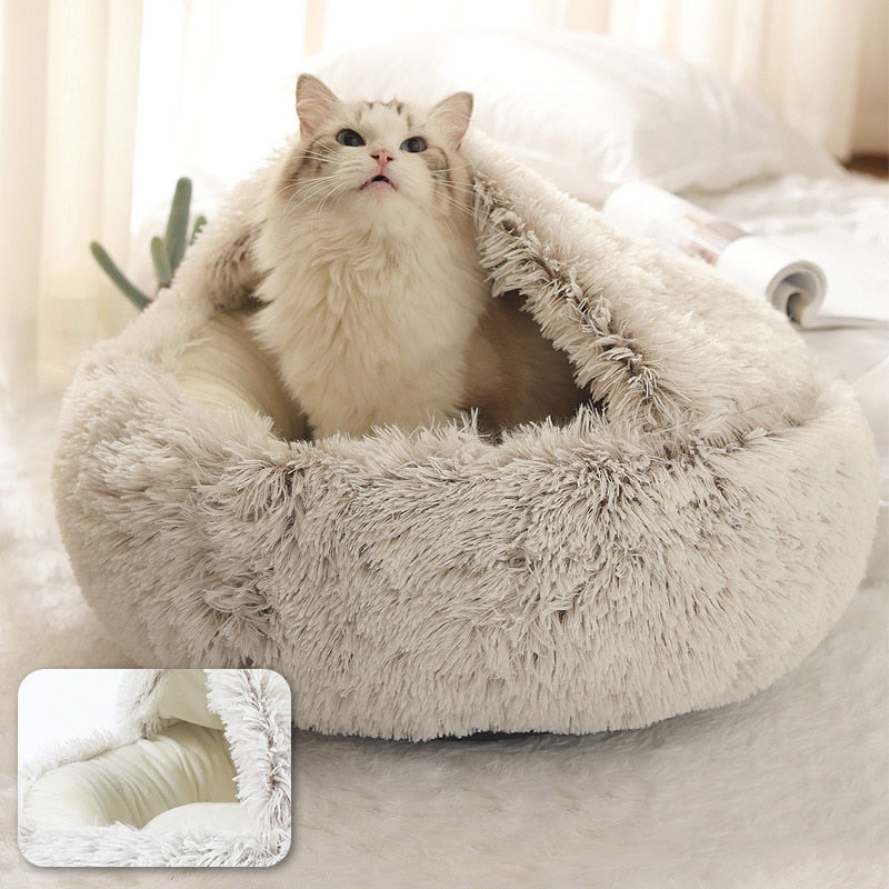 Pet Dog Cat Bed Round Plush Cat Warm Bed House Soft Long Plush Bed For Small Dogs For Cats Nest 2 In 1 Cat Bed