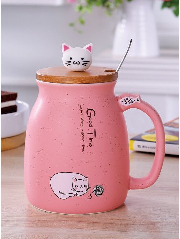 450ml Cartoon Ceramics Cat Mug With Lid and Spoon Coffee Milk Tea Mugs Breakfast Cup Drinkware Novelty Gifts - PetsDzign