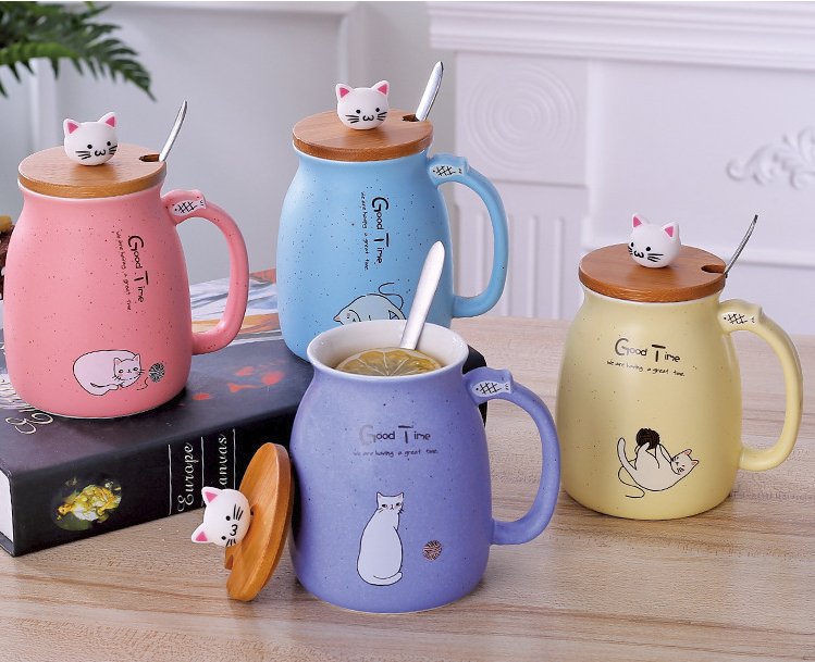 450ml Cartoon Ceramics Cat Mug With Lid and Spoon Coffee Milk Tea Mugs Breakfast Cup Drinkware Novelty Gifts - PetsDzign