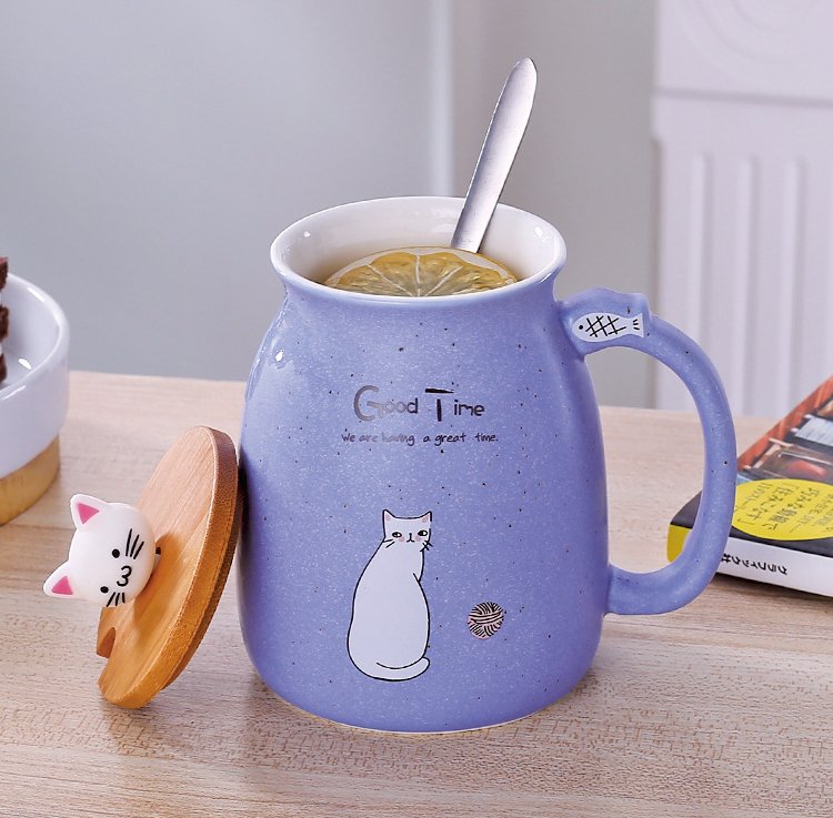 450ml Cartoon Ceramics Cat Mug With Lid and Spoon Coffee Milk Tea Mugs Breakfast Cup Drinkware Novelty Gifts - PetsDzign