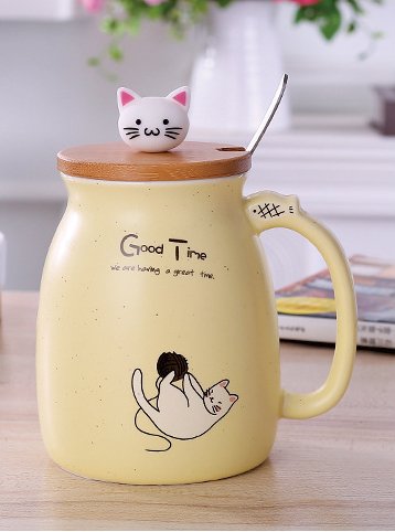 450ml Cartoon Ceramics Cat Mug With Lid and Spoon Coffee Milk Tea Mugs Breakfast Cup Drinkware Novelty Gifts - PetsDzign