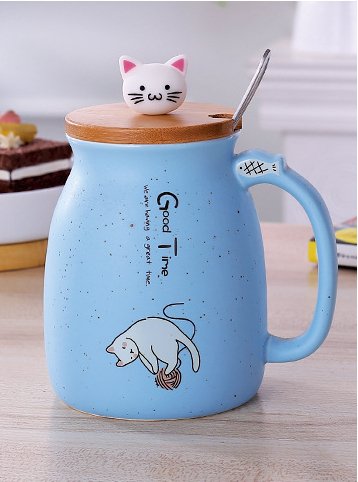 450ml Cartoon Ceramics Cat Mug With Lid and Spoon Coffee Milk Tea Mugs Breakfast Cup Drinkware Novelty Gifts - PetsDzign