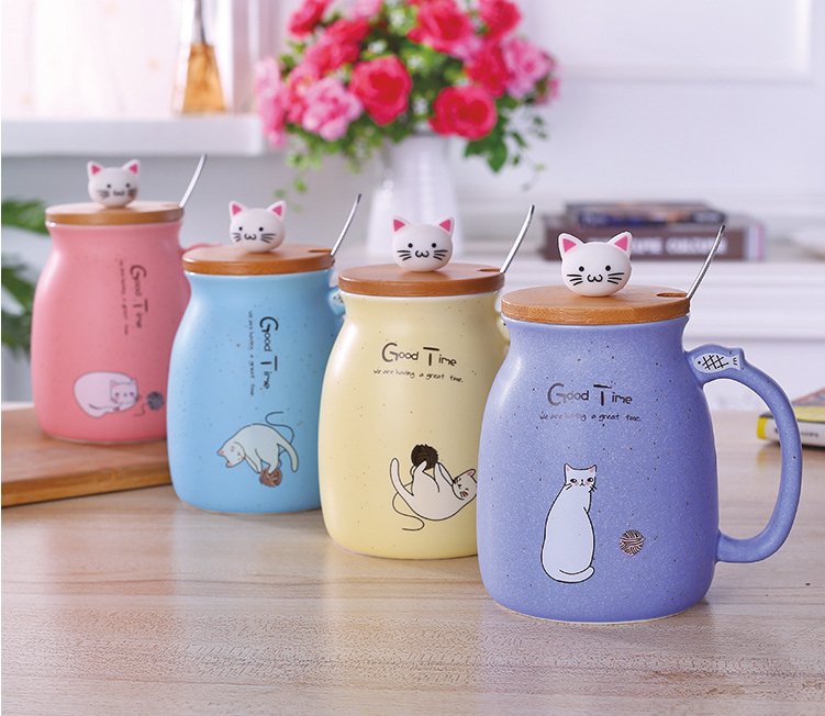 450ml Cartoon Ceramics Cat Mug With Lid and Spoon Coffee Milk Tea Mugs Breakfast Cup Drinkware Novelty Gifts - PetsDzign