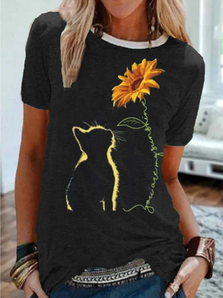 Summer New Cat Sunflower Print Short Sleeve T-Shirt Women- Cotton Blend