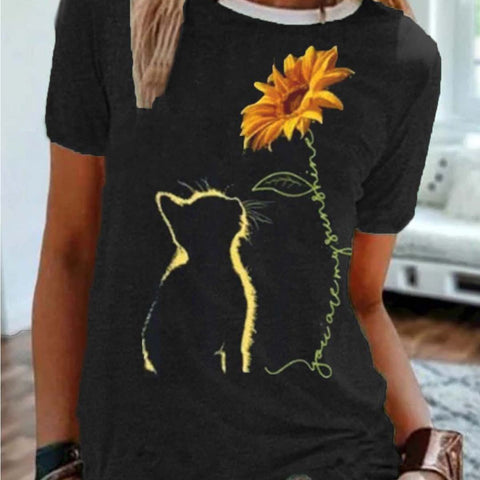 Summer New Cat Sunflower Print Short Sleeve T-Shirt Women- Cotton Blend