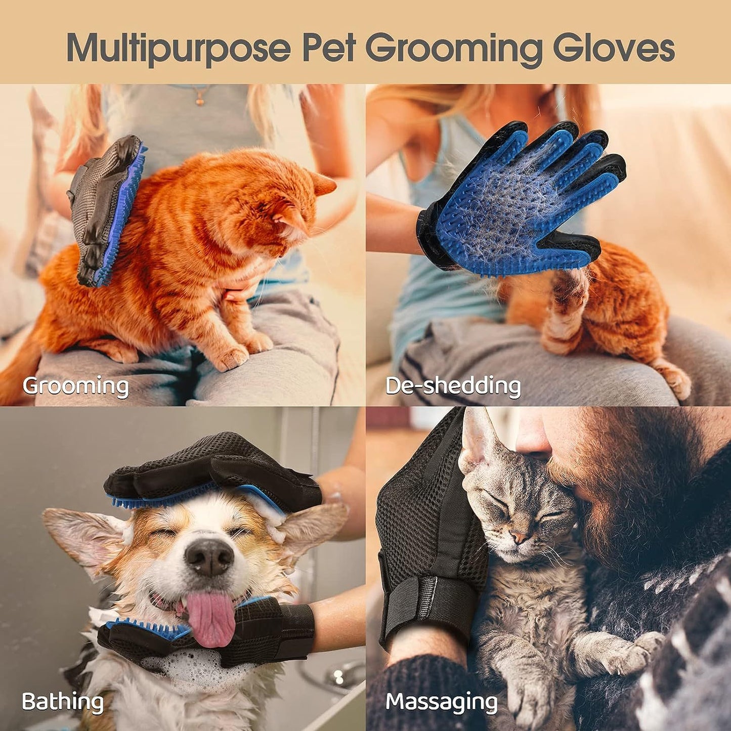 Upgrade Pet Grooming Gloves- Cat Brushes For Gentle Shedding - Efficient Pets Hair Remover Mittens