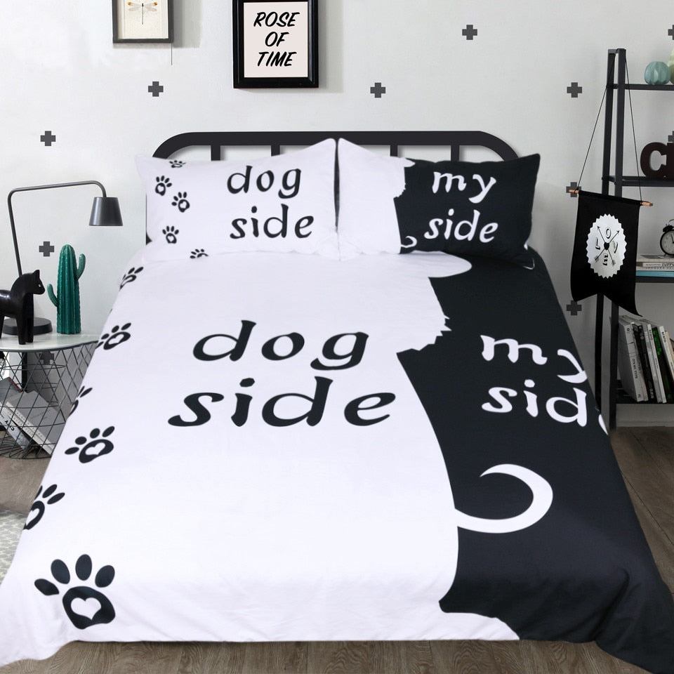 Conjunto de cama dos desenhos animados para crianças-conjunto de capa de edredão lado do cão e meu lado têxteis para casa-pegada de estimação roupas de cama pretas