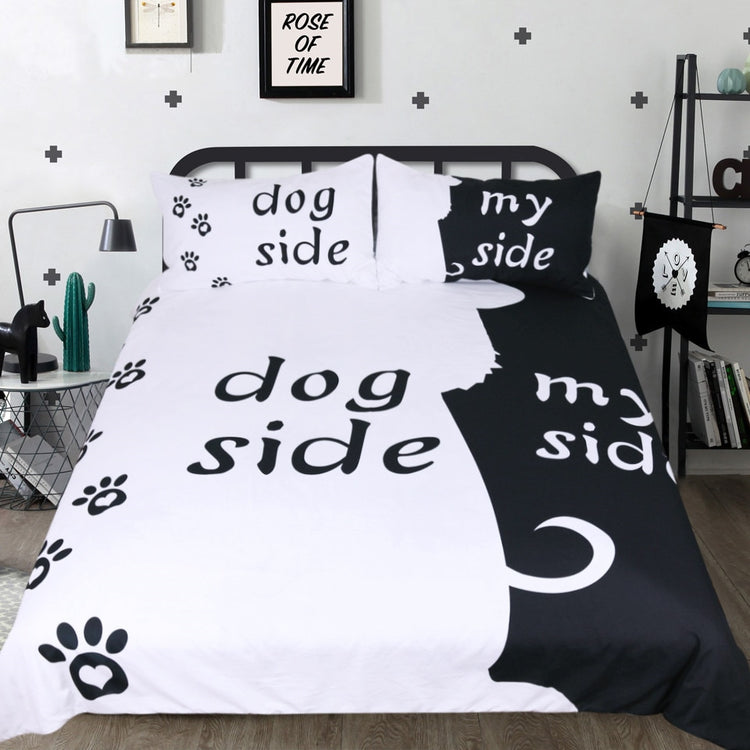 Cartoon Bedding Set for Kids- Duvet Cover Set Dog Side and My Side Home Textiles- Pet Footprint Black Bedclothes