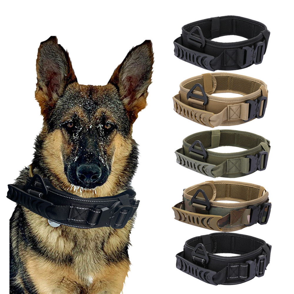 German Shepherd wearing a black dog collar with multiple color options displayed below on a white background