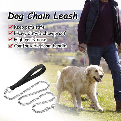 Heavy Duty Metal Dog Leash- Chew Proof Pet Leash- Chain With Soft Padded Handle For Large Medium Size Dogs