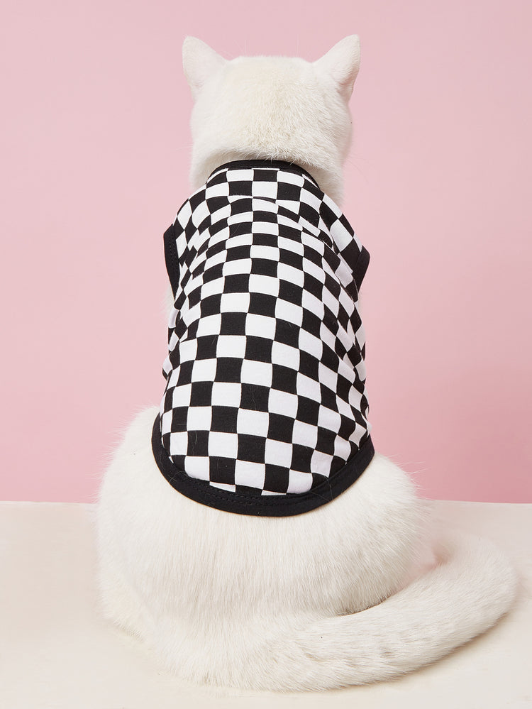 Pet Cat Clothes Summer Breathable Cotton Wool Mosaic Fashion Black And White Plaid Trend Vest T-Shirt