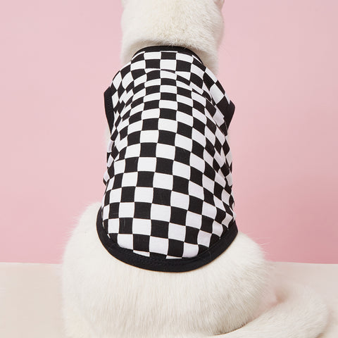 Roupas para gatos de estimação verão respirável algodão lã mosaico moda preto e branco xadrez tendência colete camiseta 