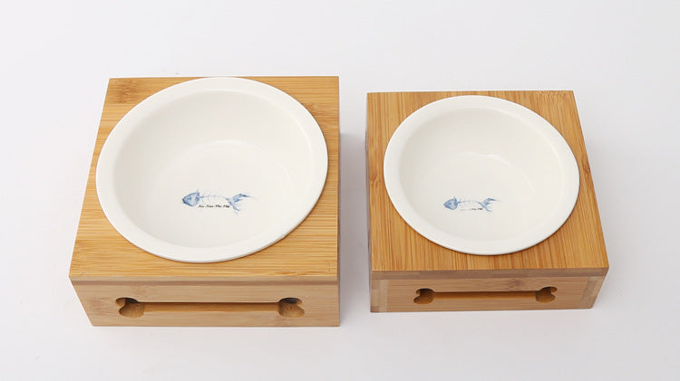 Bamboo Stand- Double Bowl, Ceramic Bowls- Water and Food -Dog Cat Bowl