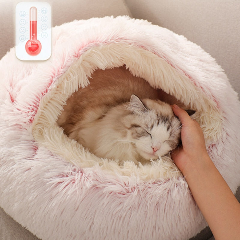 Cama redonda para gatos e cães de estimação, casa de pelúcia quente e macia para cães pequenos e gatos, ninho 2 em 1