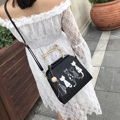 Cartoon four cats shoulder diagonal cross bag - wooden beads tassel bag