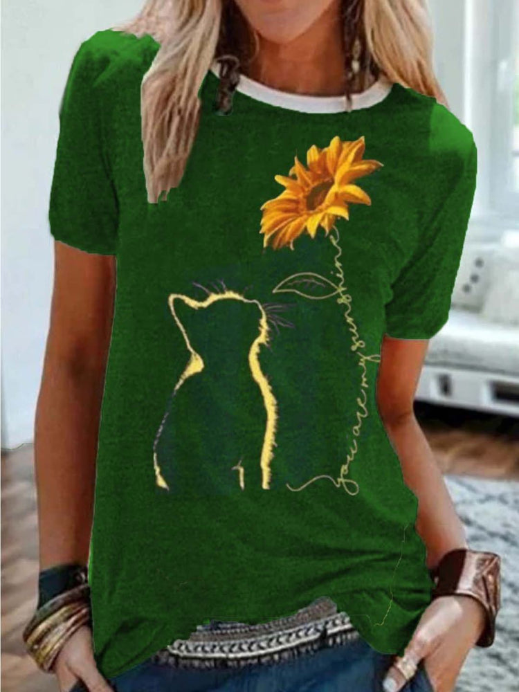 Summer New Cat Sunflower Print Short Sleeve T-Shirt Women- Cotton Blend