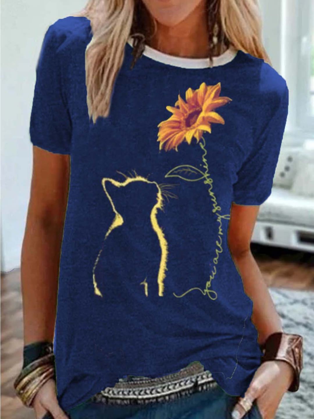 Summer New Cat Sunflower Print Short Sleeve T-Shirt Women- Cotton Blend