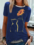 Summer New Cat Sunflower Print Short Sleeve T-Shirt Women- Cotton Blend