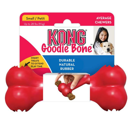 KONG Goodie Bone dog toy packaging with red bone-shaped product and colorful label.
