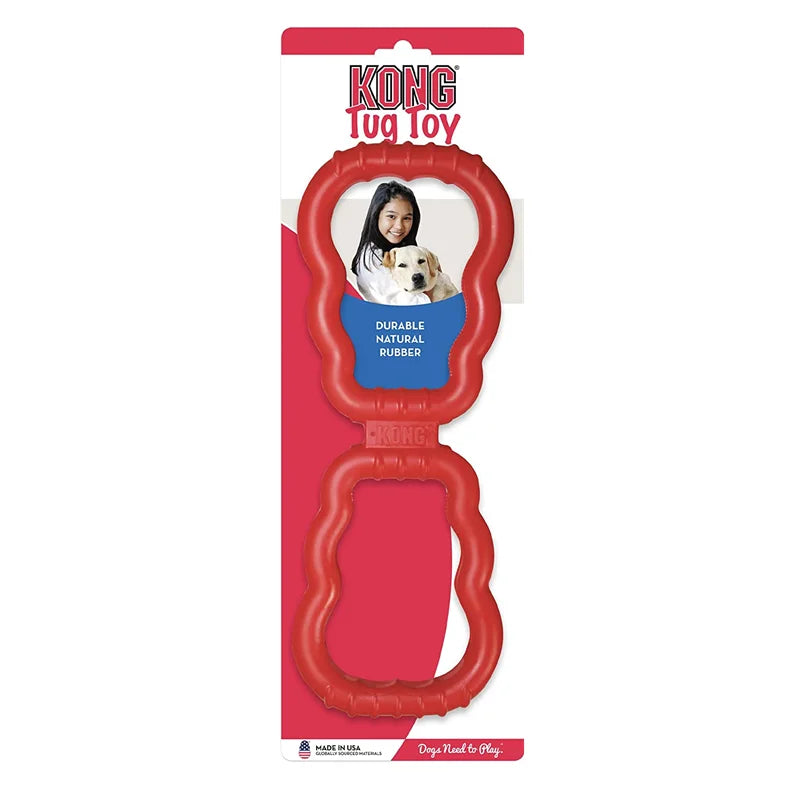 Red KONG dog toy with packaging featuring a woman and dog on a white background