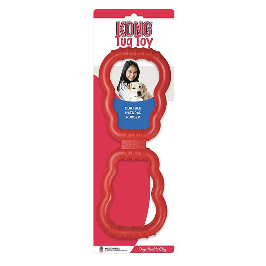 Red KONG dog toy with packaging featuring a woman and dog on a white background