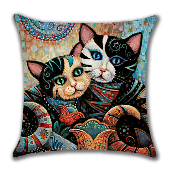 Linen Home Cartoon Cat Printed Animal Pillow Cover