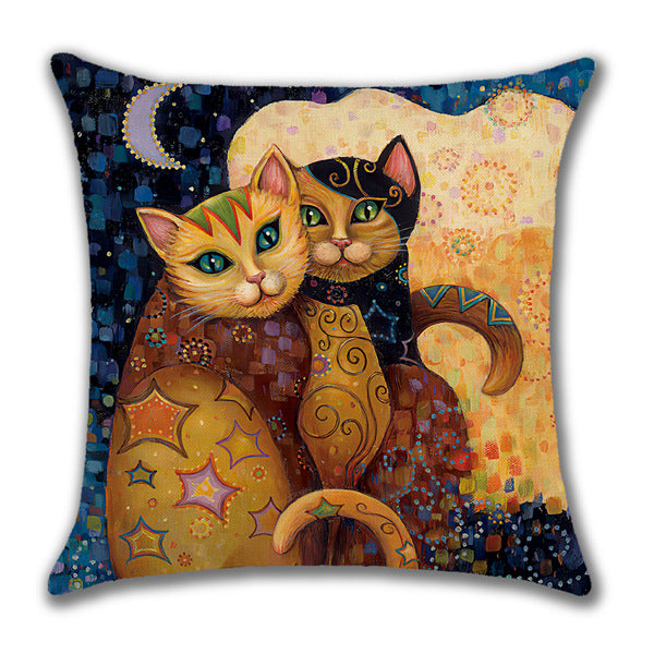 Linen Home Cartoon Cat Printed Animal Pillow Cover