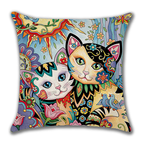 Linen Home Cartoon Cat Printed Animal Pillow Cover