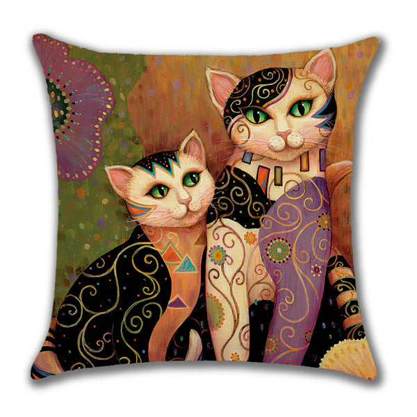 Linen Home Cartoon Cat Printed Animal Pillow Cover