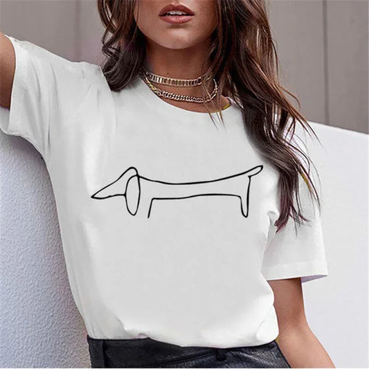 White t-shirt with a black line drawing of a dog on a plain background